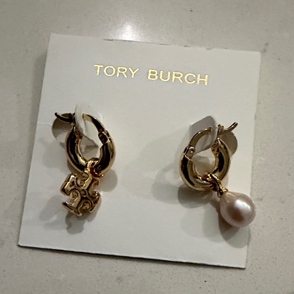 Tory Burch Gold Tone Hoop Earrings with Pearl and Logo Drop